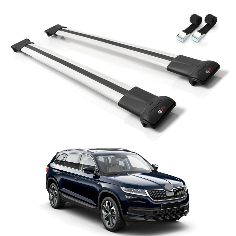 Roof Bars Compatible with Skoda Kodiaq 2017-2023, Grey, 2 Bars with Straps