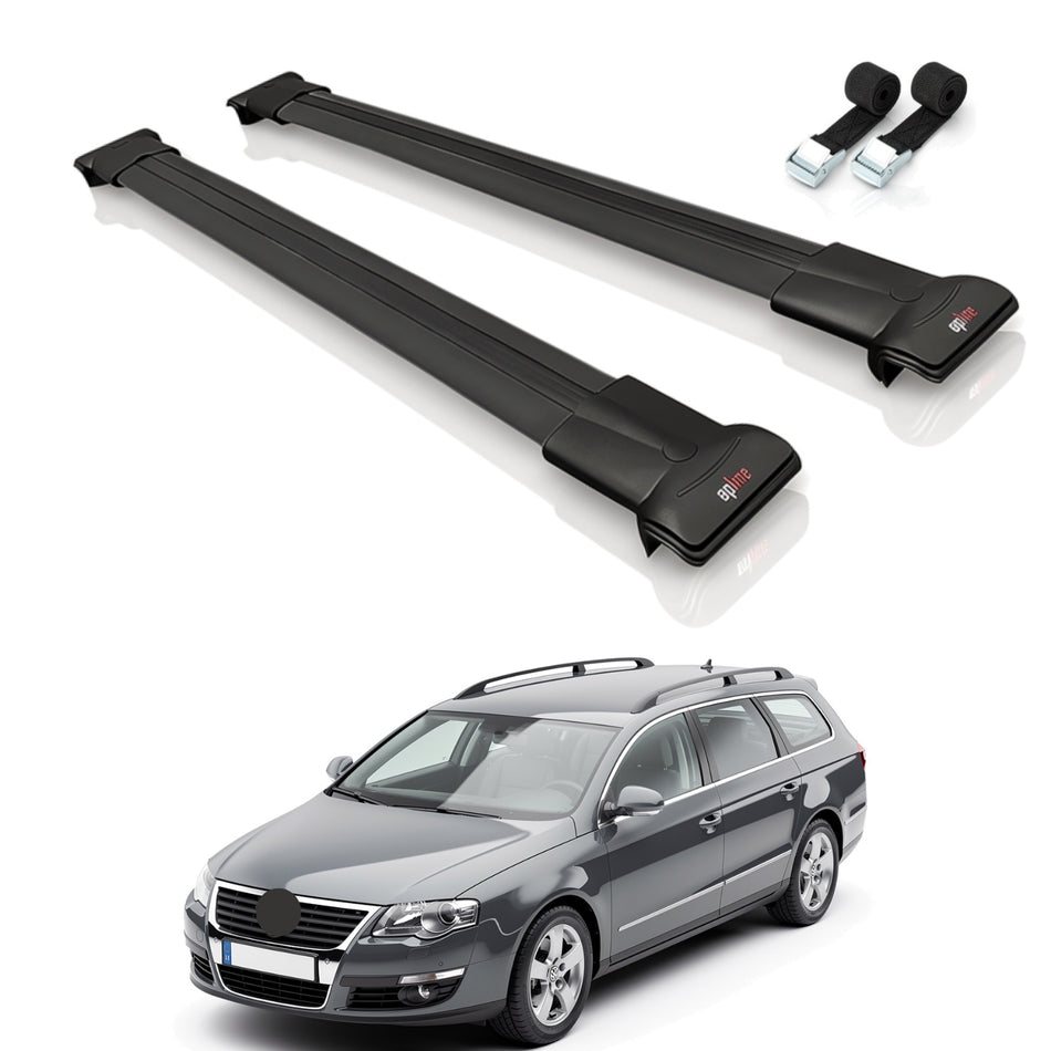 Roof Bars Compatible with Volkswagen Passat B6 (3C) Variant 2005-2010, Black, 2 Bars with Straps
