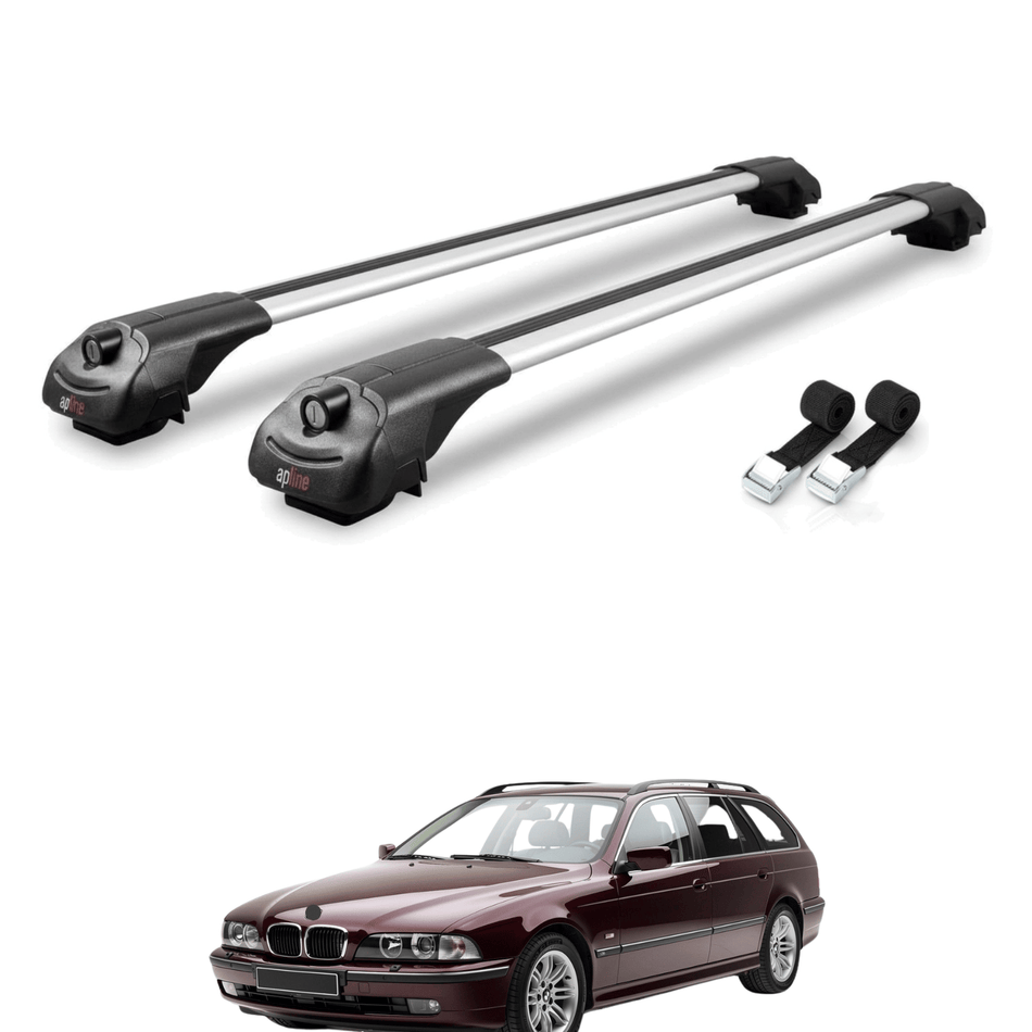 Roof Bars Compatible with BMW 5 Series (E39) Touring 1997-2003, Grey, 2 Bars with Straps.