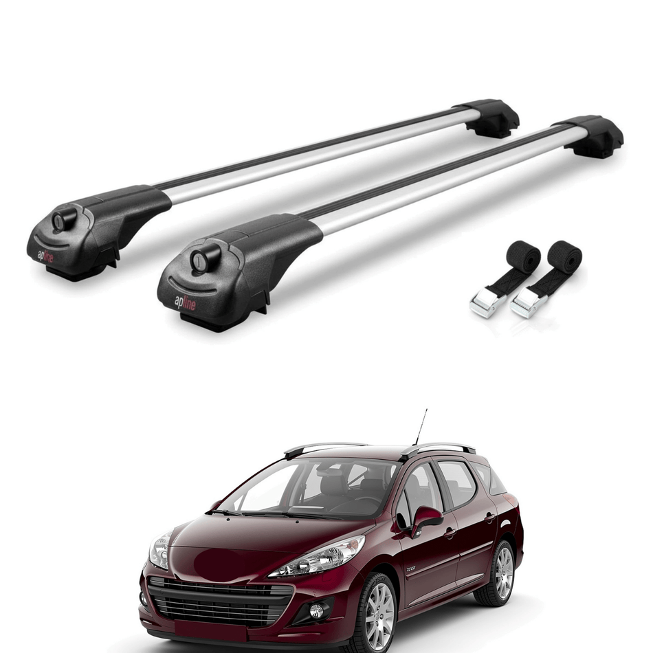 Roof Bars Compatible with Peugeot 207 SW 2006-2014, Grey, 2 Bars with Straps.