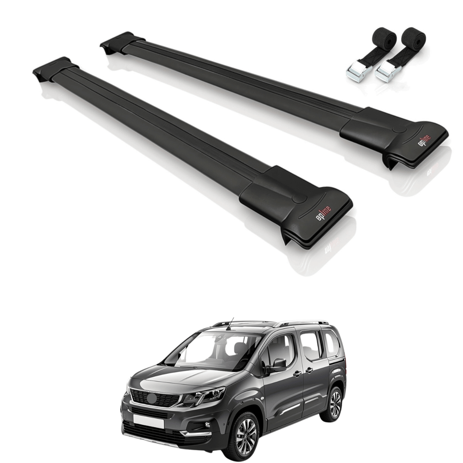 Roof Bars Compatible with Peugeot Rifter 2019-2022, Black, 2 Bars with Straps