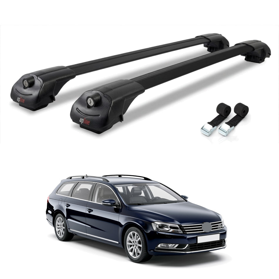 Roof Bars Compatible with Volkswagen Passat B7 (3C) Variant 2010-2014, Black, 2 Bars with Straps