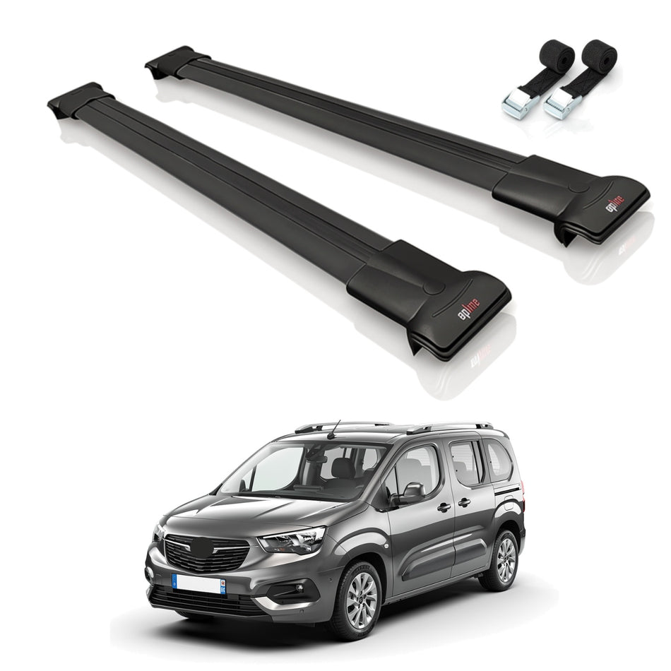 Roof Bars Compatible with Opel Combo E Life 2019-2022, Black, 2 Bars with Straps