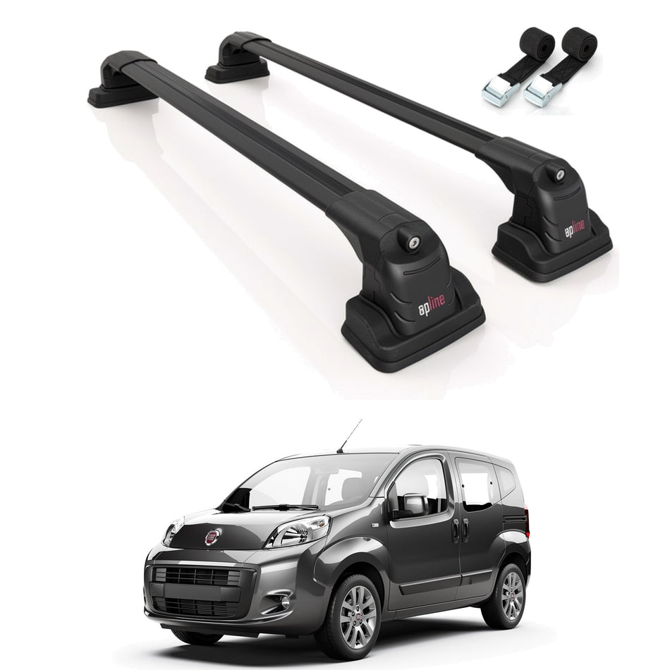 Roof Bars Compatible with Fiat Qubo 2008-2017, Black, 2 Bars with Straps