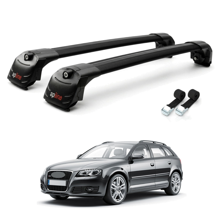Roof Bars Compatible with Audi A3 (8PA) Sportback 2004-2012, Black, 2 Bars with Straps