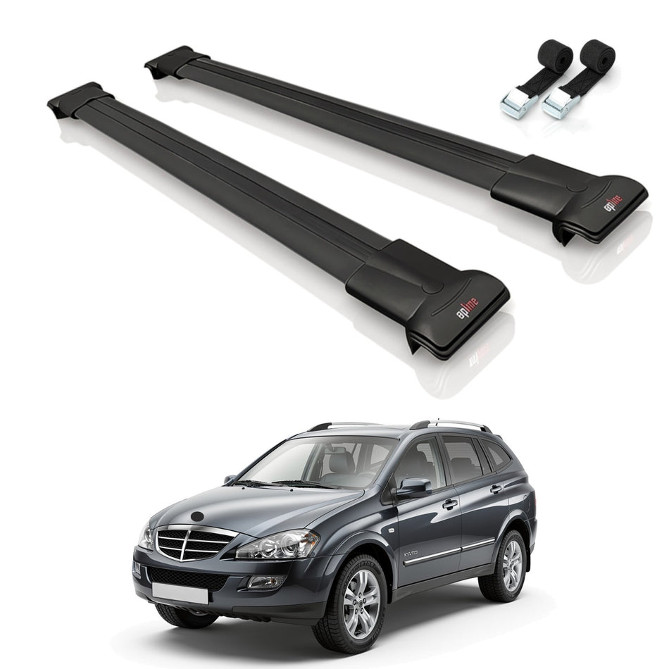Roof Bars Compatible with Ssangyong Kyron 2005-2014, Black, 2 Bars with Straps