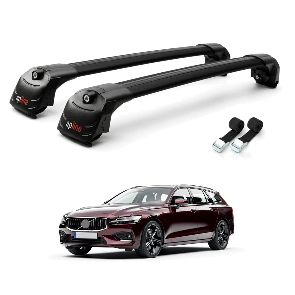 Roof Bars Compatible with Volvo V60 II 2019-2025, Black, 2 Bars with Straps