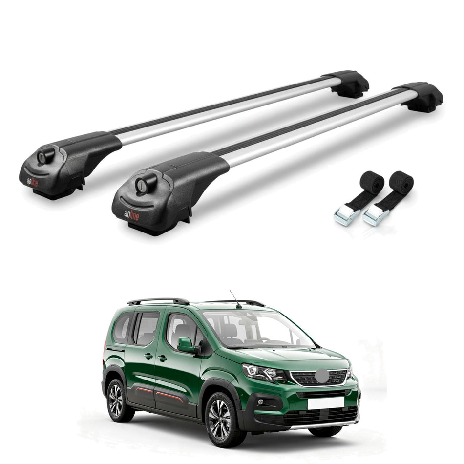 Roof Bars Compatible with Peugeot Rifter 2019-2022, Grey, 2 Bars with Straps.