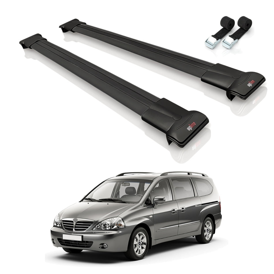 Roof Bars Compatible with Ssangyong Stavic 2005-2012, Black, 2 Bars with Straps