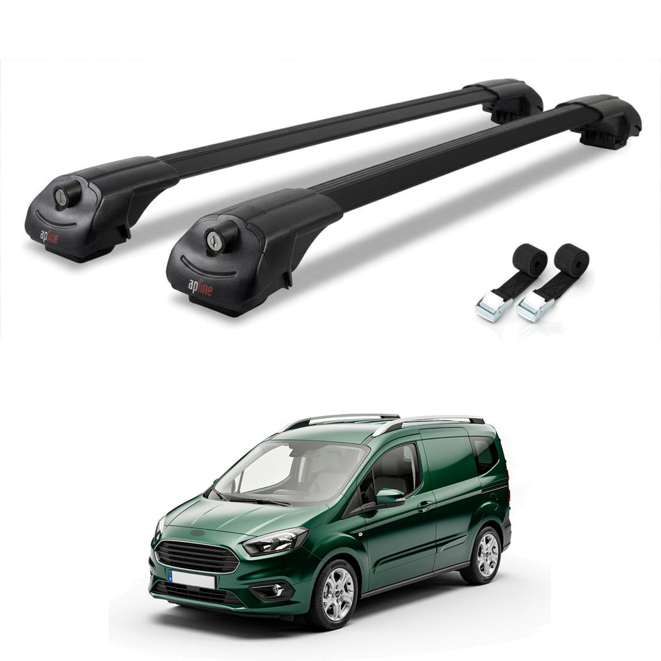 Roof Bars Compatible with Ford Transit/Tourneo Courier Post-Facelift 2018-2022, Black, 2 Bars with Straps