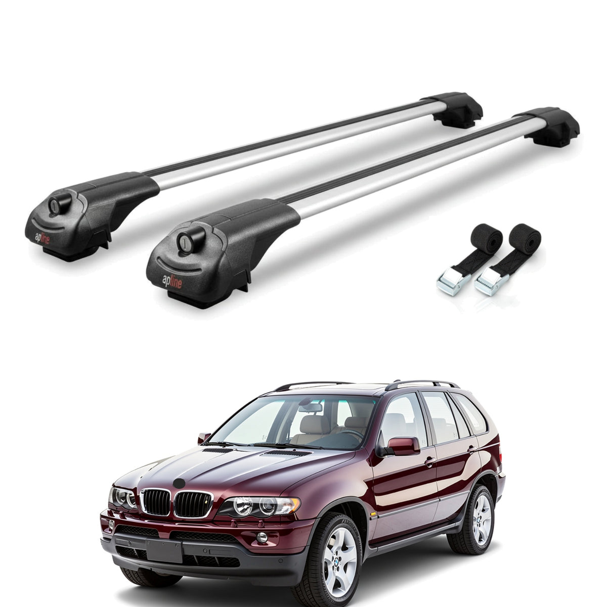 Roof Bars Compatible with BMW X5 (E53) 2000-2006, Grey, 2 Bars with Straps.