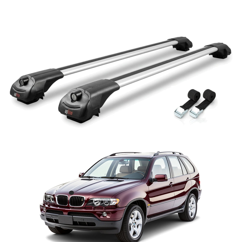 Roof Bars Compatible with BMW X5 (E53) 2000-2006, Grey, 2 Bars with Straps.
