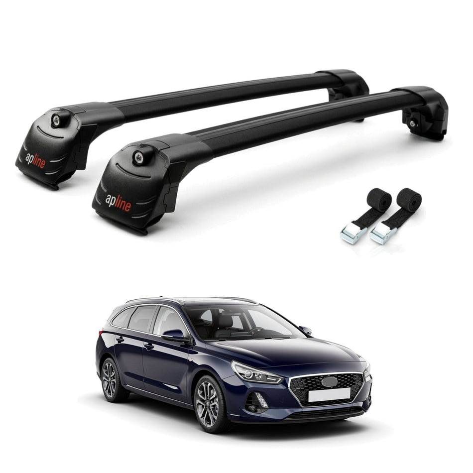Roof Bars Compatible with Hyundai i30 3 (PD) Tourer 2017-2025, Black, 2 Bars with Straps