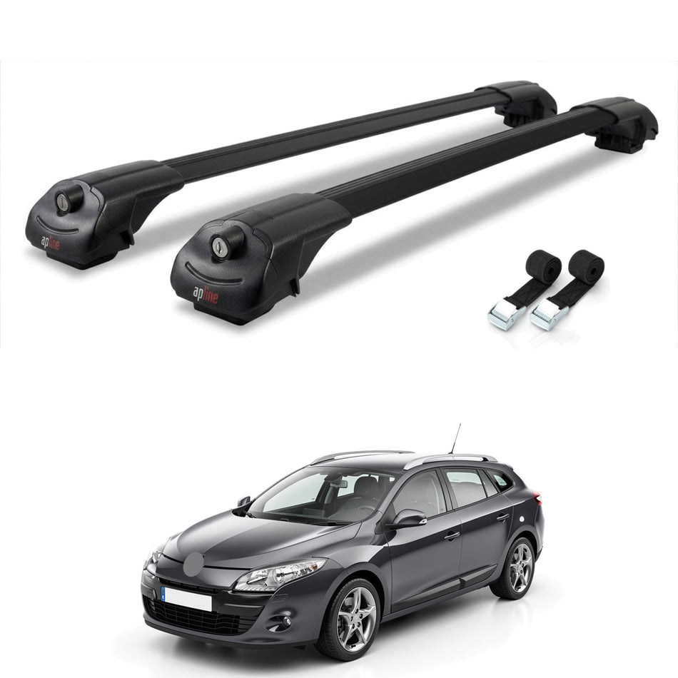 Roof Bars Compatible with Renault Megane 3 ST 2009-2015, Black, 2 Bars with Straps