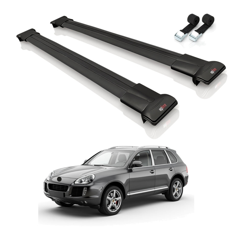 Roof Bars Compatible with Porsche Cayenne (9PA) 2003-2010, Black, 2 Bars with Straps