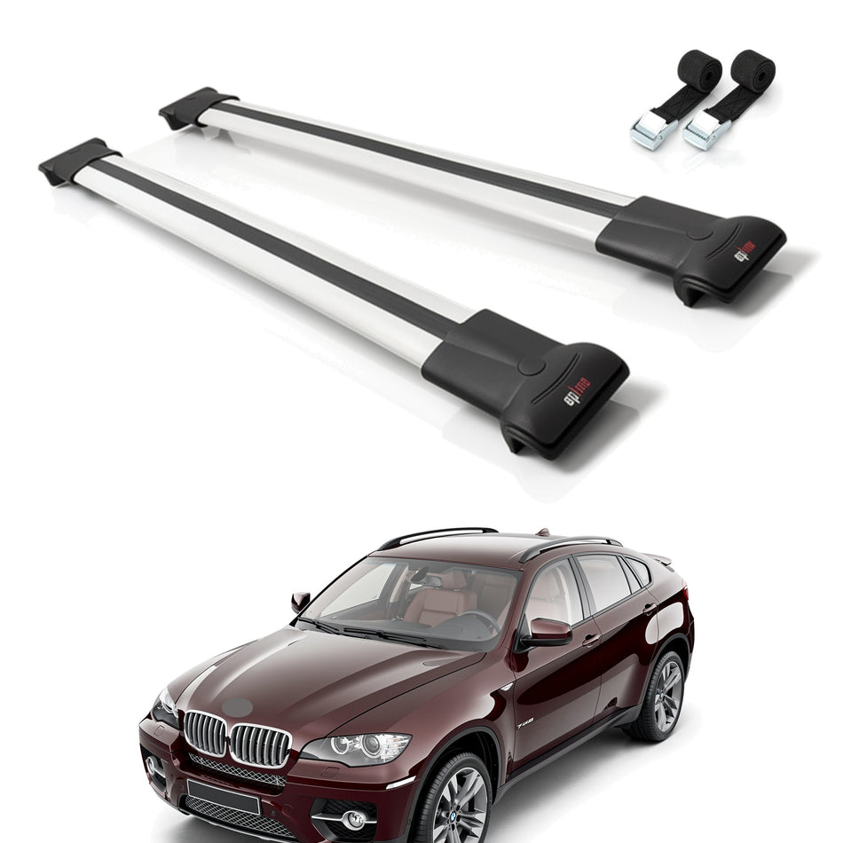 Roof Bars Compatible with BMW X6 (E71) 2008-2014, Grey, 2 Bars with Straps