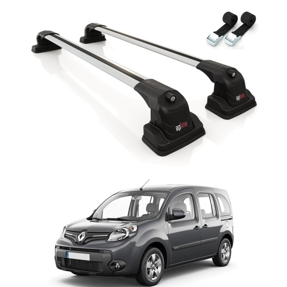 Roof Bars Compatible with Renault Kangoo 2 2007-2021, Grey, 2 Bars with Straps