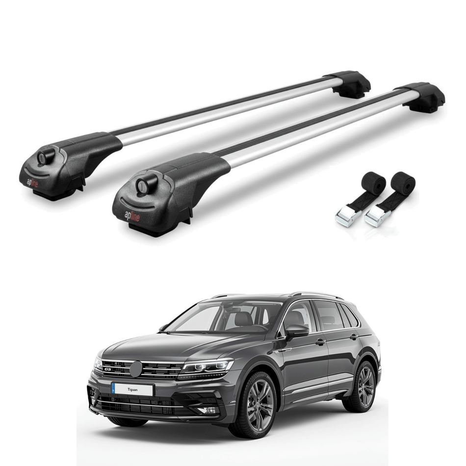 Roof Bars Compatible with Volkswagen Tiguan 2 Post-Facelift 2020-2023, Grey, 2 Bars with Straps.
