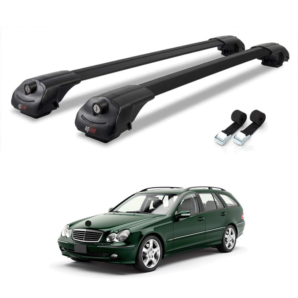 Roof Bars Compatible with Mercedes C Class 2 (S203) 2000-2007, Black, 2 Bars with Straps
