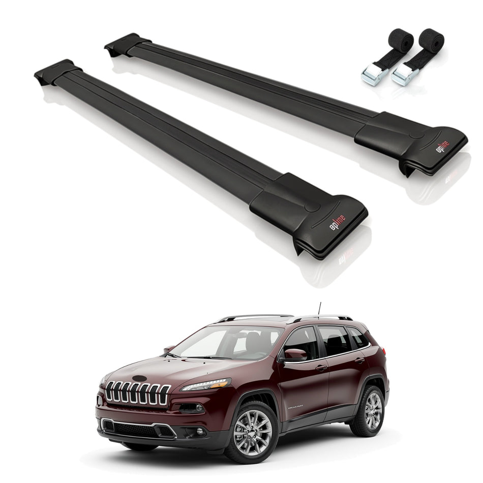 Roof Bars Compatible with Jeep Cherokee 5 (KL) 2014-2023, Black, 2 Bars with Straps