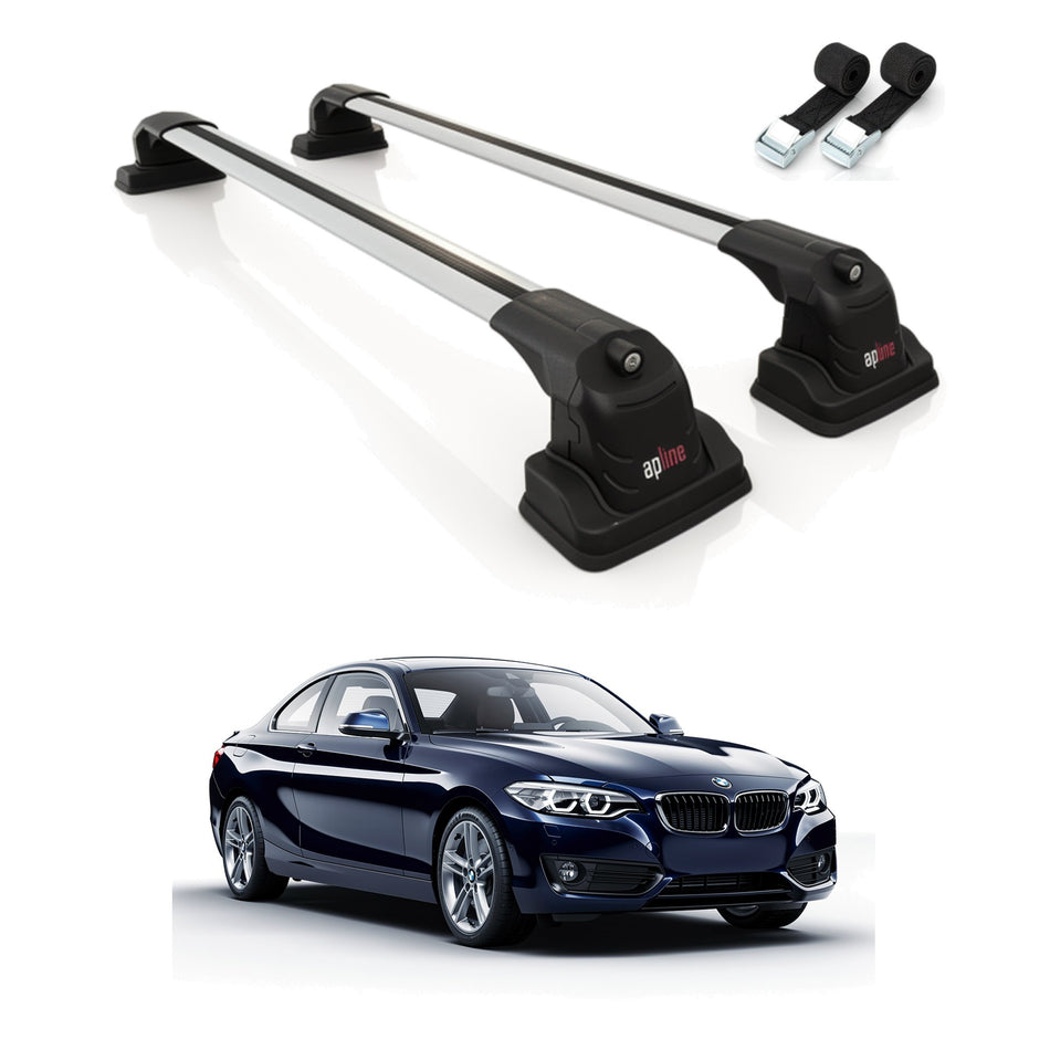 Roof Bars Compatible with BMW 2 Series (F22) 2014-2019, Grey, 2 Bars with Straps