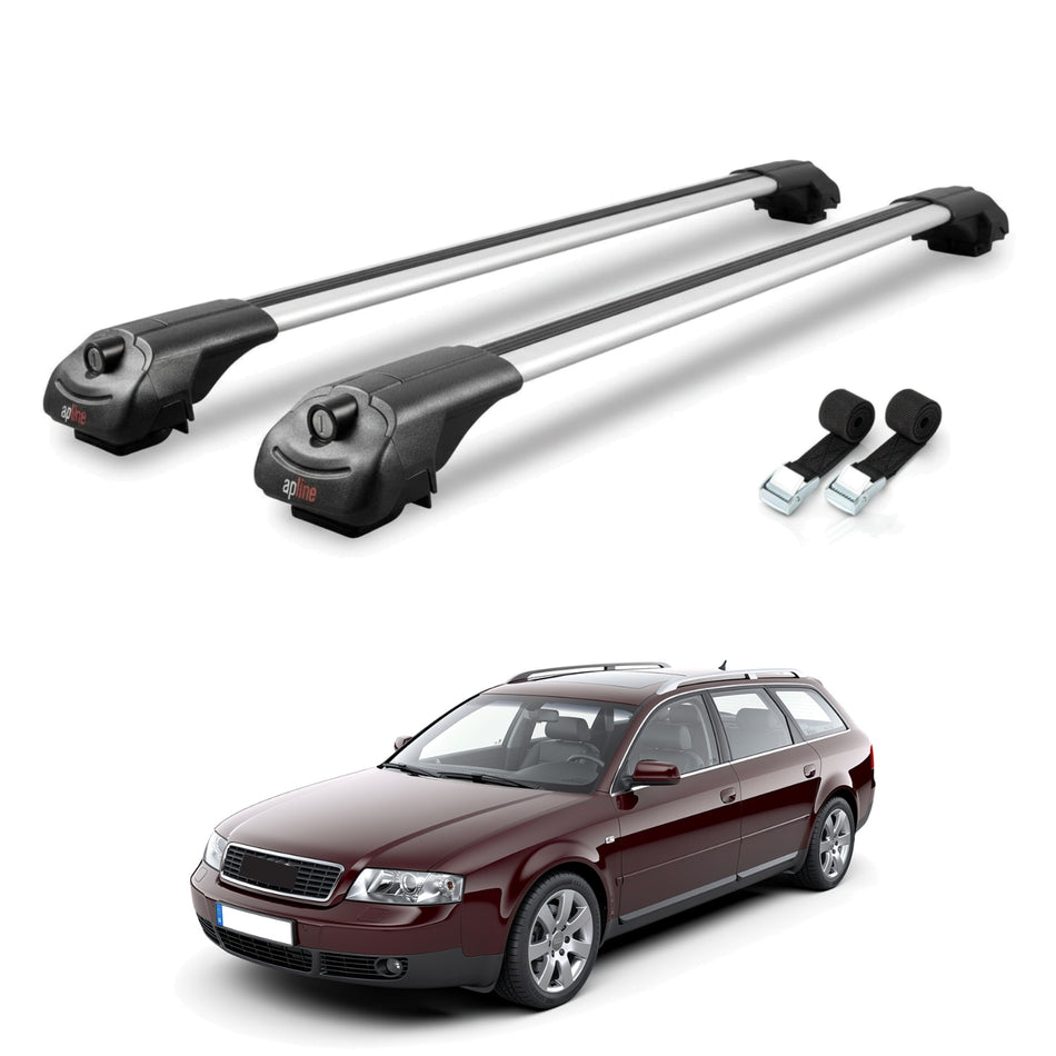 Roof Bars Compatible with Audi A6 Avant 2001-2005, Grey, 2 Bars with Straps.