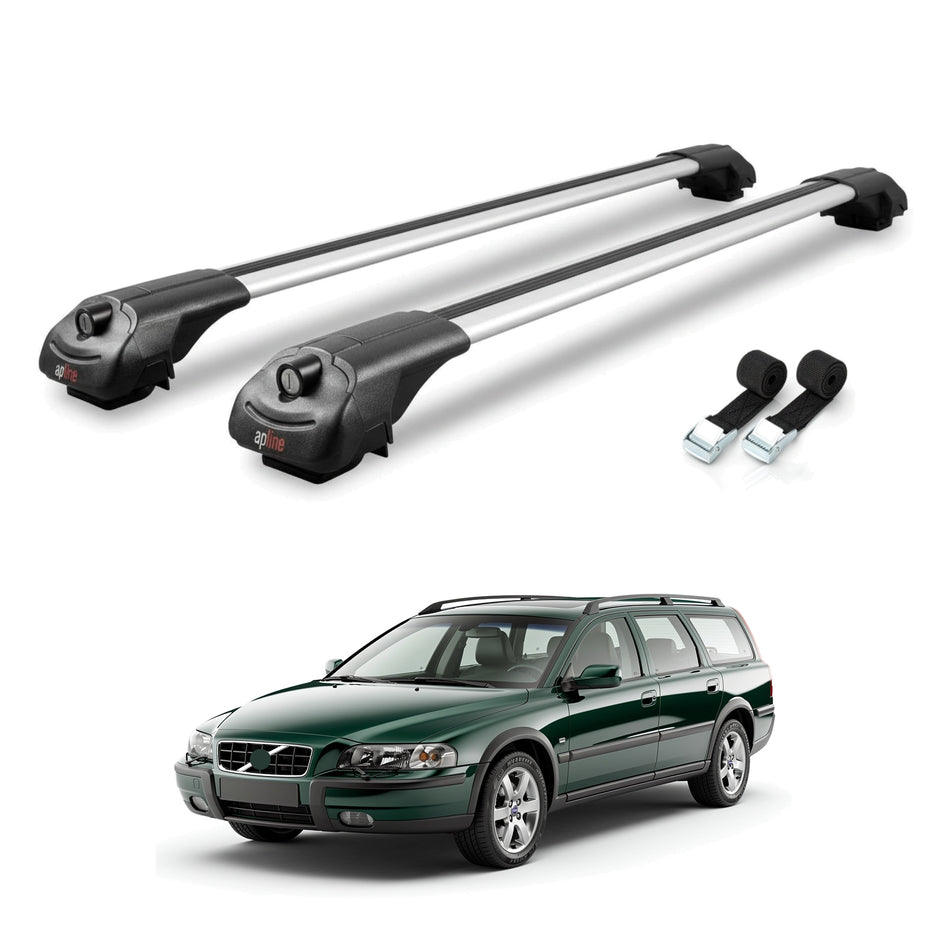 Roof Bars Compatible with Volvo XC70 (P2) 2000-2007, Grey, 2 Bars with Straps.