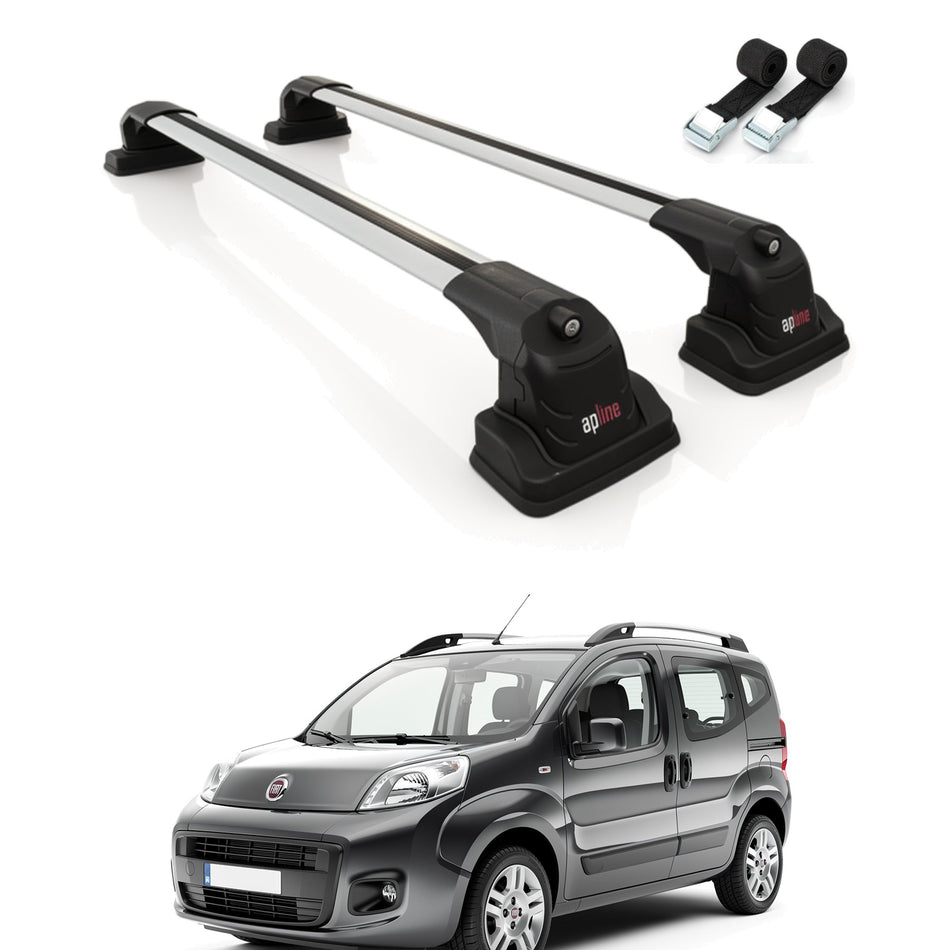 Roof Bars Compatible with Fiat Qubo 2008-2017, Grey, 2 Bars with Straps