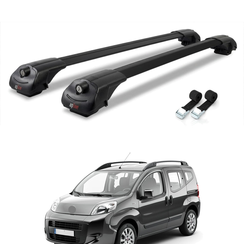 Roof Bars Compatible with Fiat Qubo 2008-2017, Black, 2 Bars with Straps