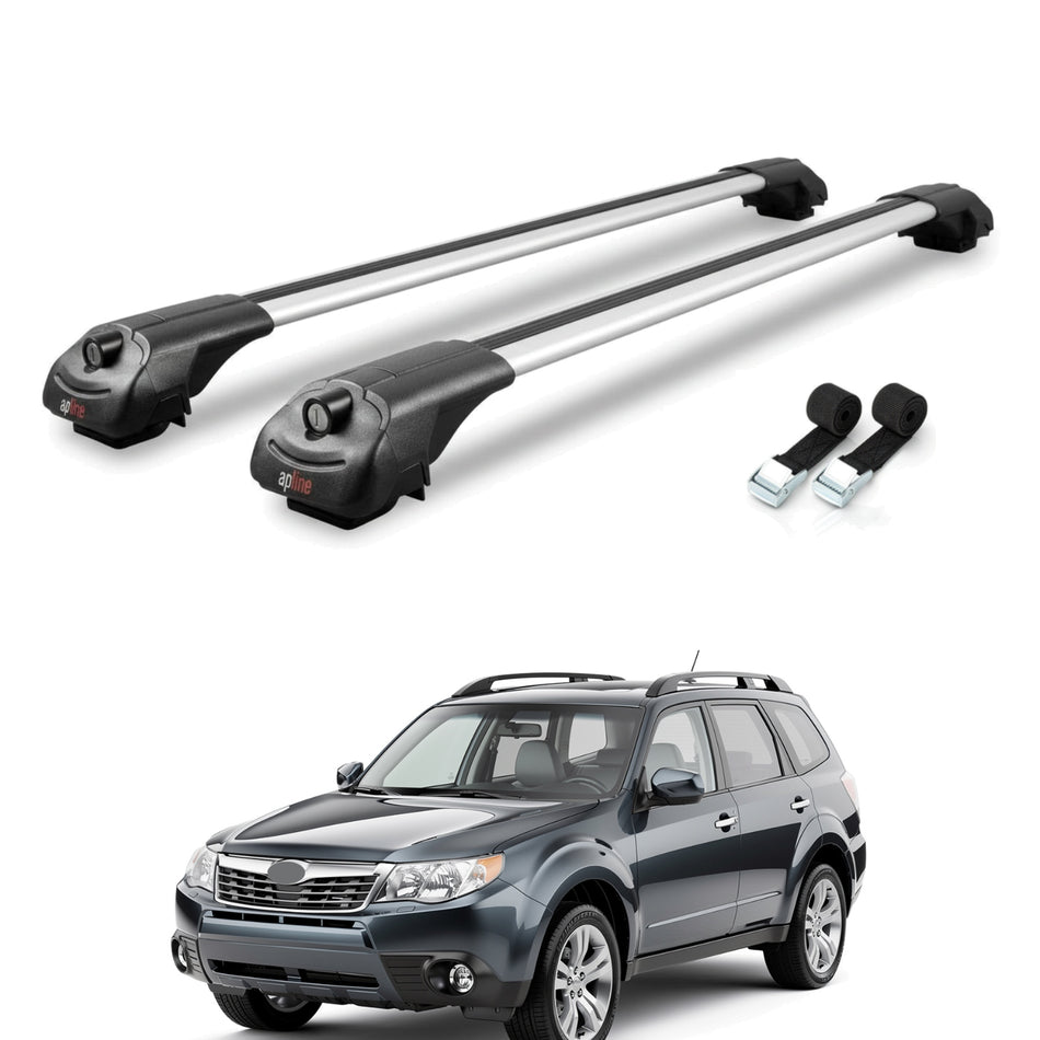 Roof Bars Compatible with Subaru Forester 3 (SH) 2008-2013, Grey, 2 Bars with Straps.