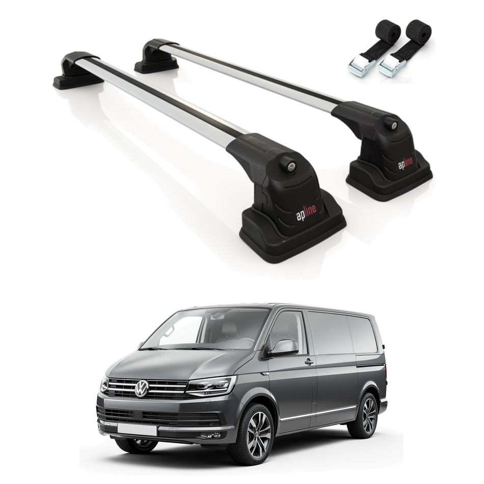 Roof Bars Compatible with Volkswagen Transporter (T6) 2016-2022, Grey, 2 Bars with Straps
