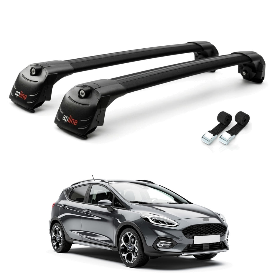 Roof Bars Compatible with Ford Fiesta 7 Active 2018-2023, Black, 2 Bars with Straps