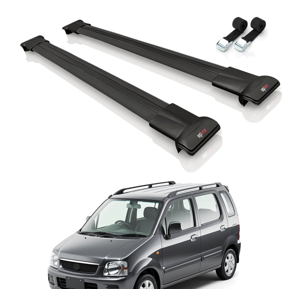 Roof Bars Compatible with Suzuki Wagon R+ 1998-2003, Black, 2 Bars with Straps