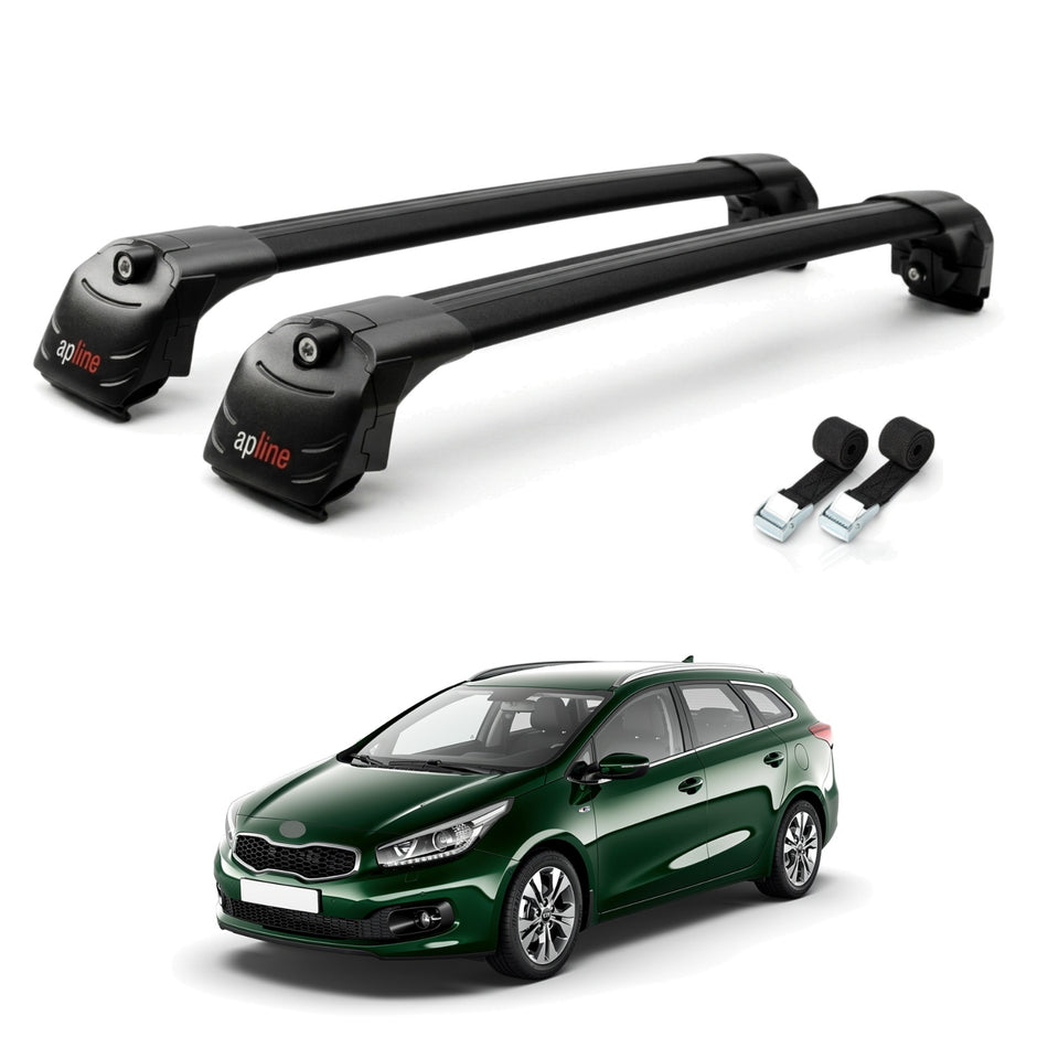Roof Bars Compatible with Kia Ceed 2 (JD) SW 2013-2018, Black, 2 Bars with Straps