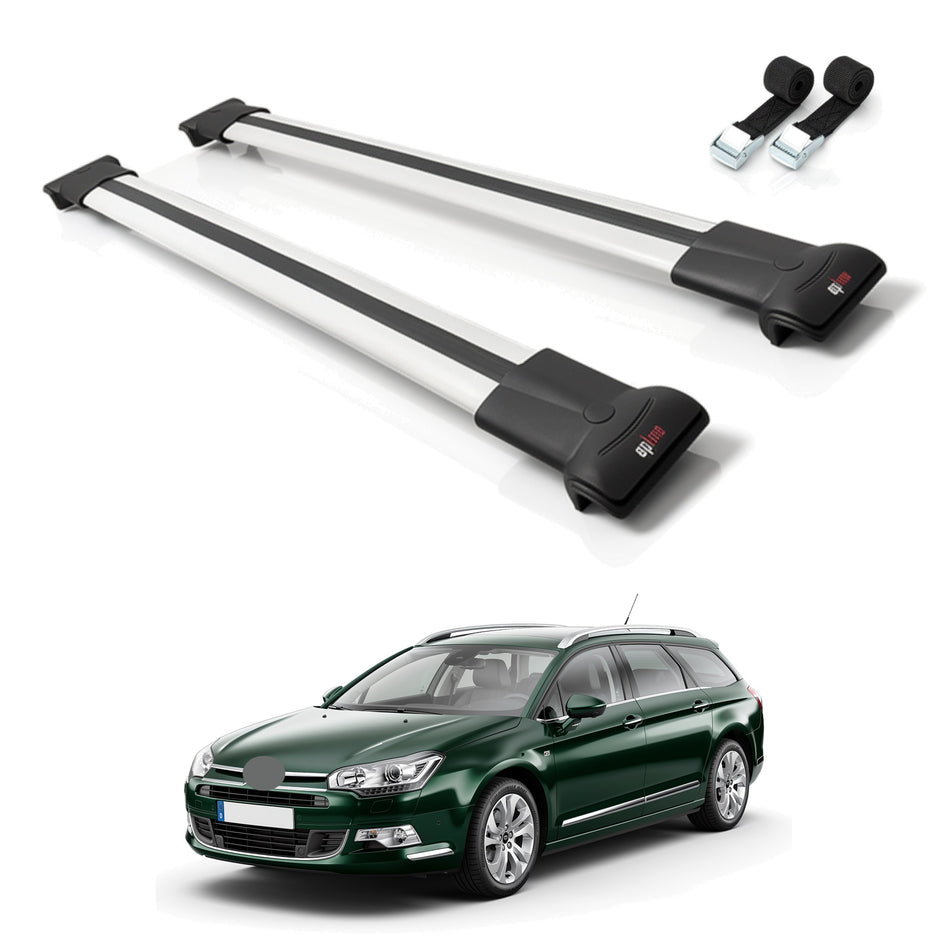 Roof Bars Compatible with Citroen C5 II Tourer 2008-2018, Grey, 2 Bars with Straps