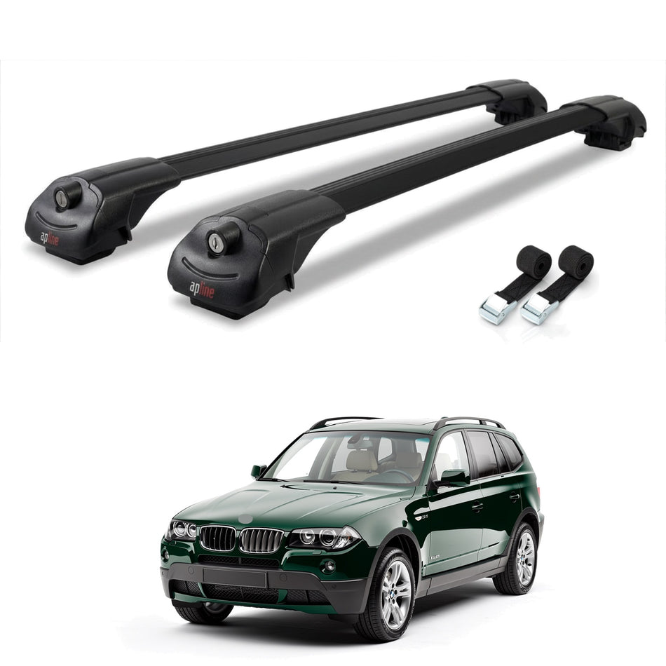 Roof Bars Compatible with BMW X3 (E83) 2003-2010, Black, 2 Bars with Straps