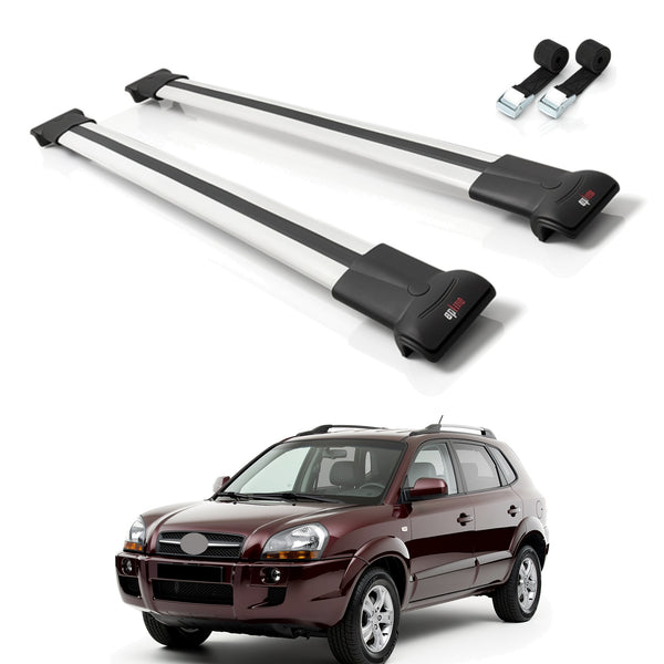 Roof Bars Compatible with Hyundai Tucson (JM) 2004-2009, Grey, 2 Bars with Straps