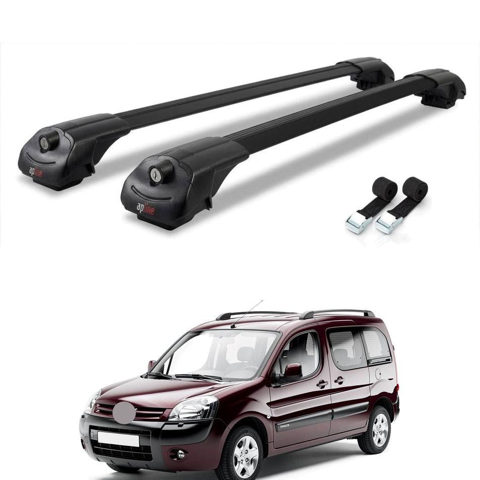 Roof Bars Compatible with Peugeot Partner Post-Facelift 2003-2008, Black, 2 Bars with Straps