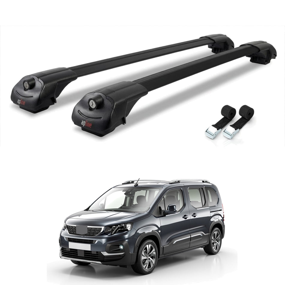 Roof Bars Compatible with Peugeot Rifter 2019-2022, Black, 2 Bars with Straps