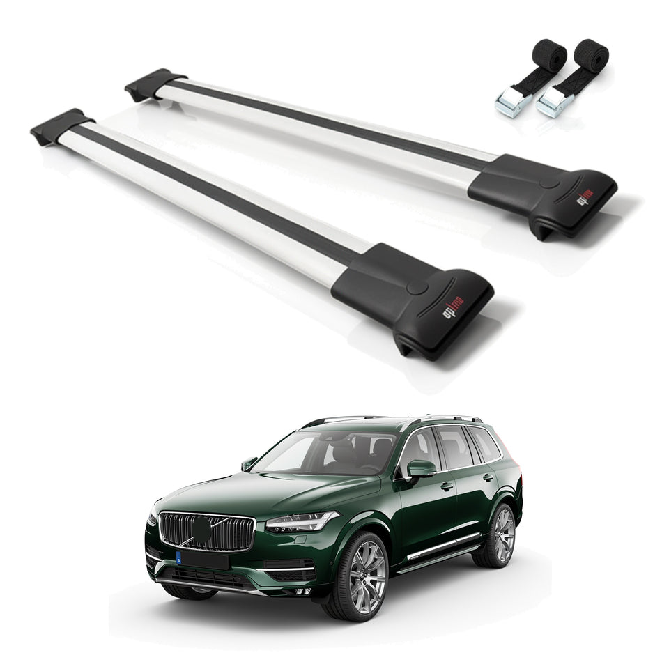 Roof Bars Compatible with Volvo XC90 II 2015-2025, Grey, 2 Bars with Straps