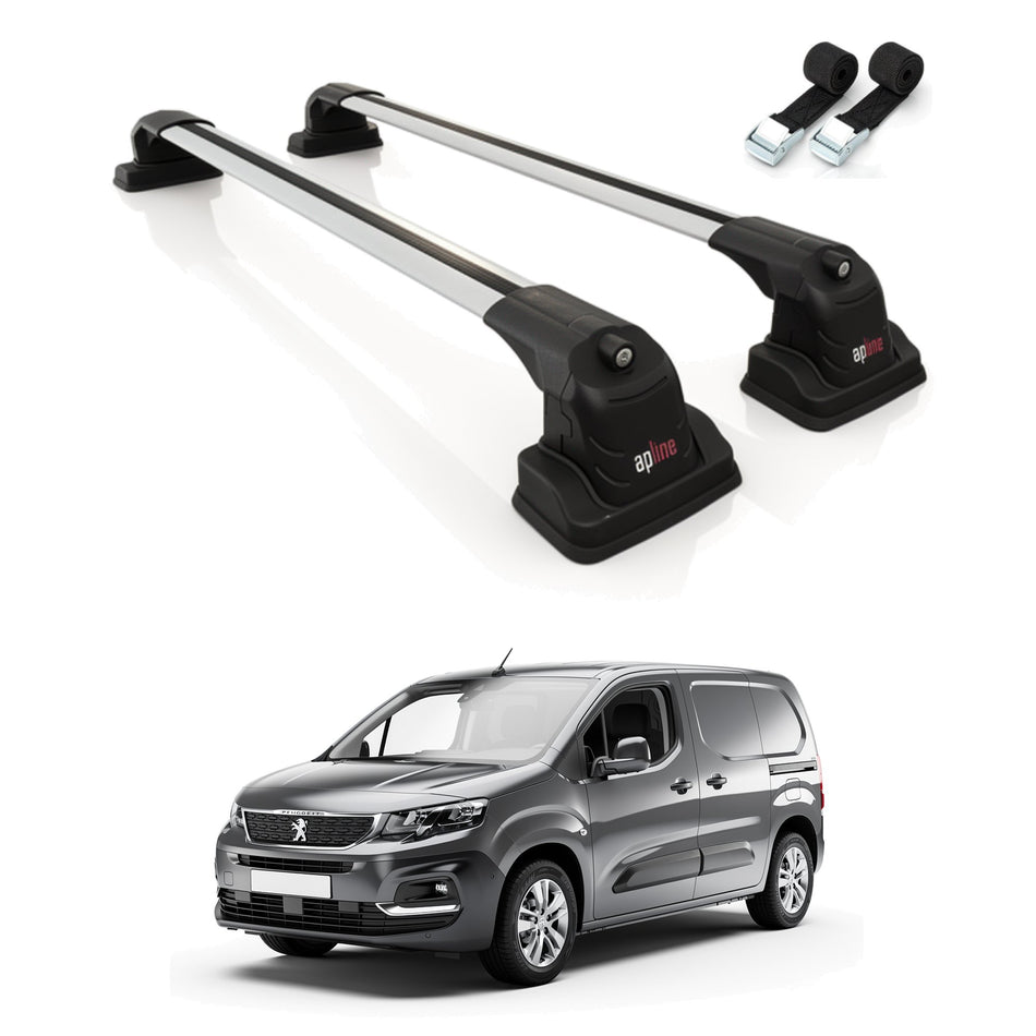 Roof Bars Compatible with Peugeot Partner 2019-2025, Grey, 2 Bars with Straps