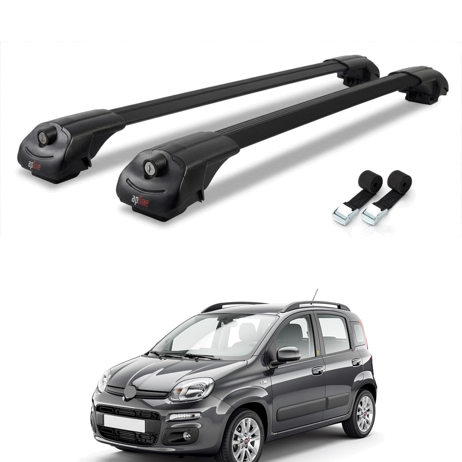 Roof Bars Compatible with Fiat Panda 2 (169) 2003-2012, Black, 2 Bars with Straps