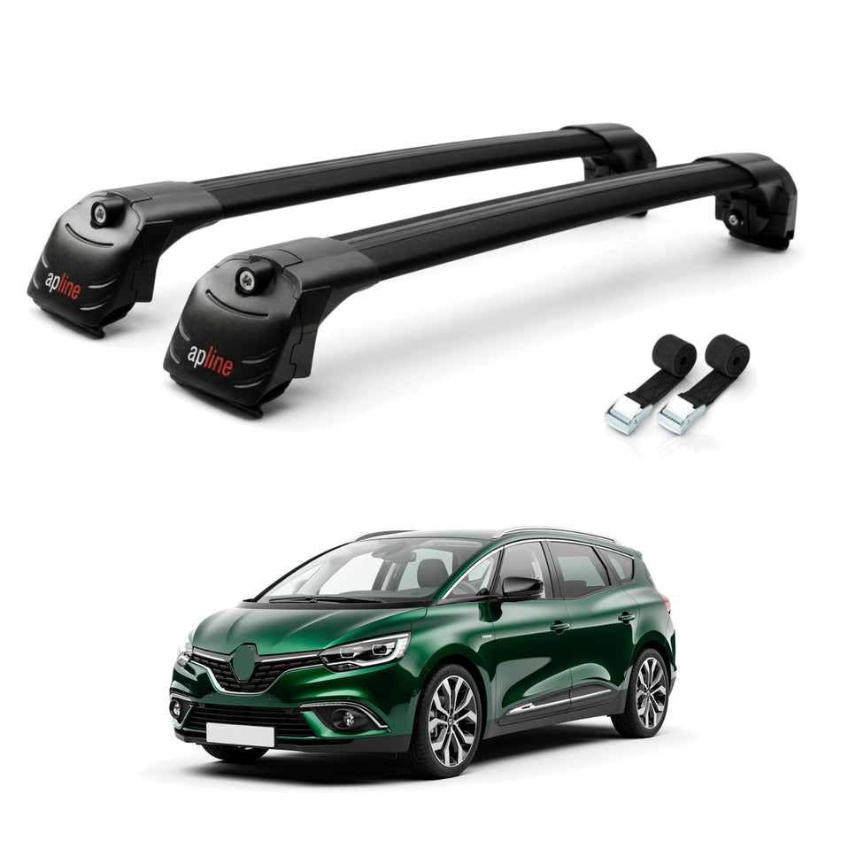 Roof Bars Compatible with Renault Grand Scenic 4 2017-2022, Black, 2 Bars with Straps