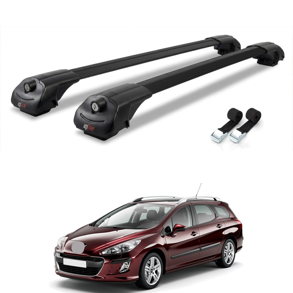 Roof Bars Compatible with Peugeot 308 (T7) SW 2008-2013, Black, 2 Bars with Straps