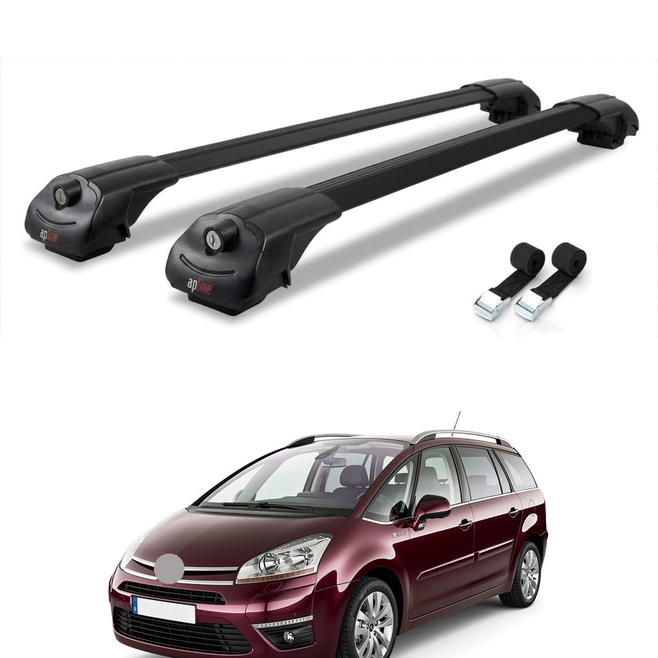 Roof Bars Compatible with Citroen Grand C4 Picasso 2007-2012, Black, 2 Bars with Straps