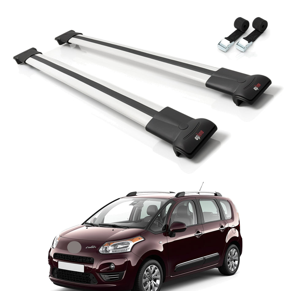 Roof Bars Compatible with Citroen C3 Picasso 2009-2017, Grey, 2 Bars with Straps