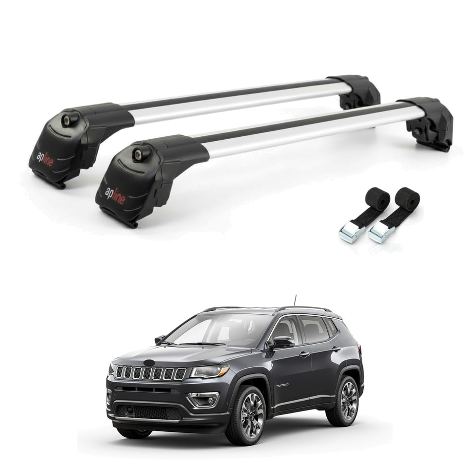 Roof Bars Compatible with Jeep Compass 2017-2025, Grey, 2 Bars with Straps