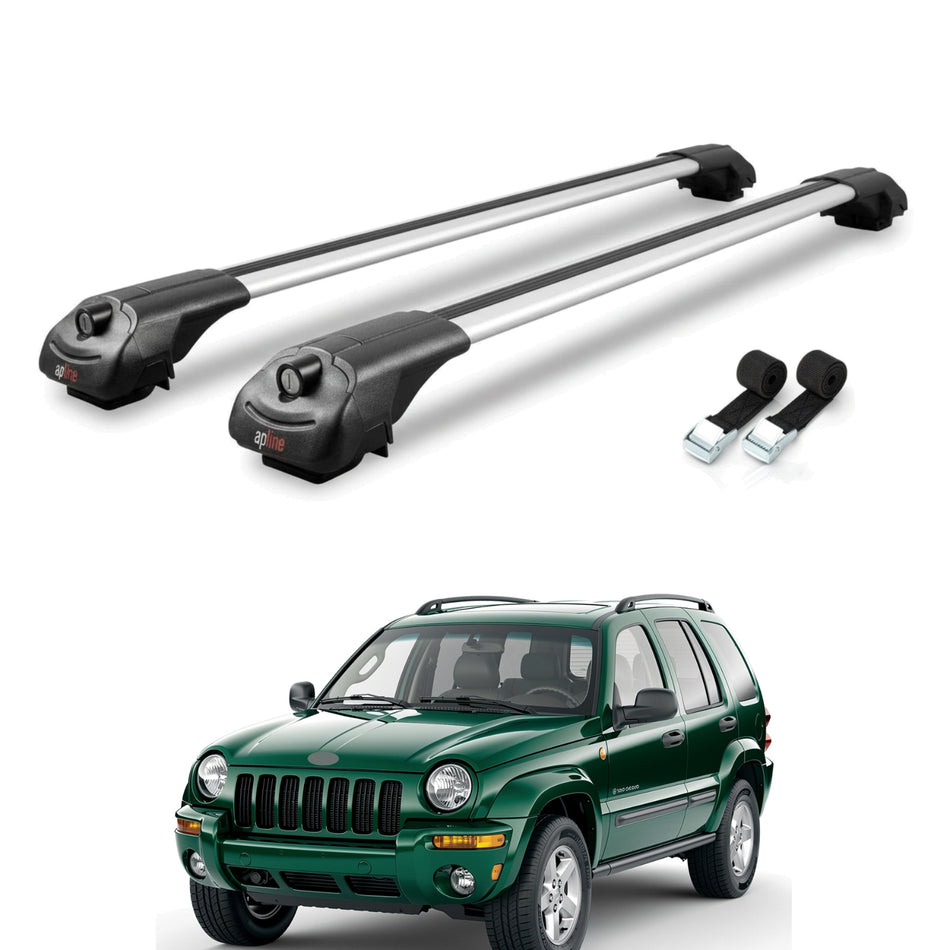 Roof Bars Compatible with Jeep Cherokee 3 (KJ) 2002-2007, Grey, 2 Bars with Straps.