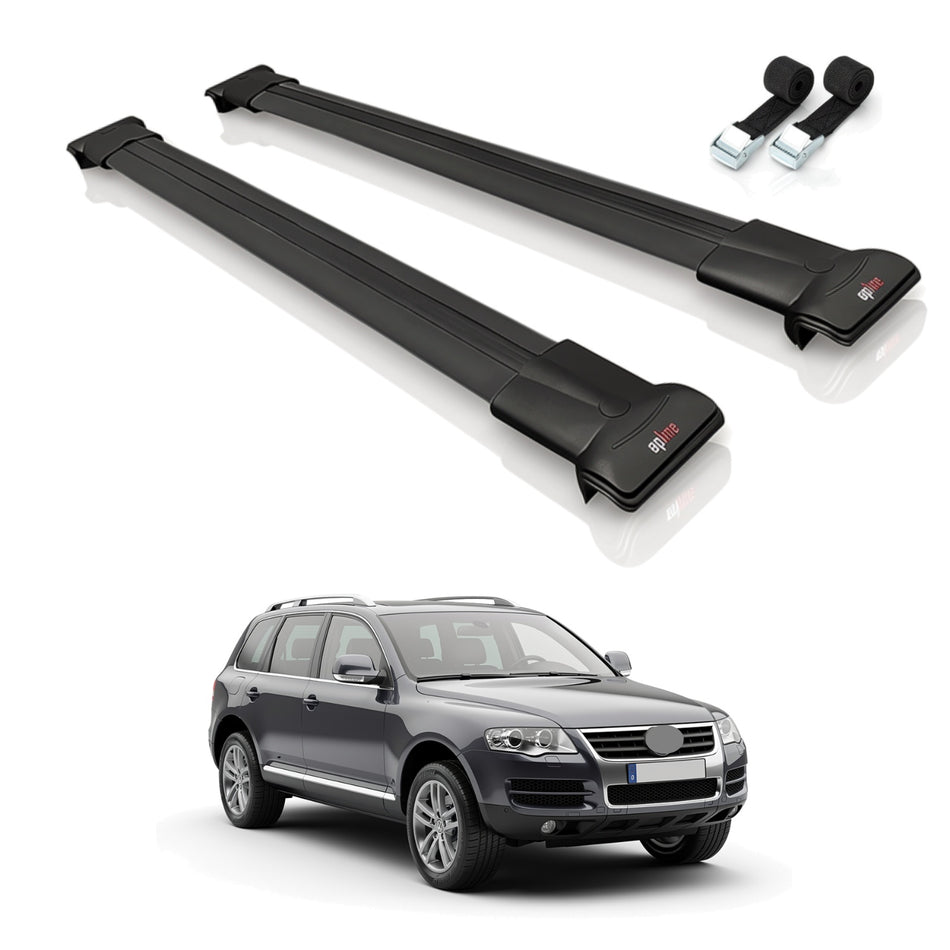 Roof Bars Compatible with Volkswagen Touareg (7L) 2002-2010, Black, 2 Bars with Straps