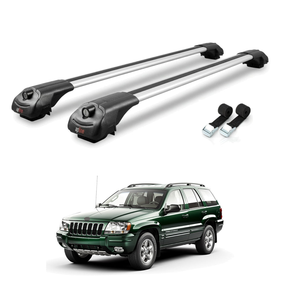 Roof Bars Compatible with Jeep Grand Cherokee 2 (WJ) 1999-2004, Grey, 2 Bars with Straps.